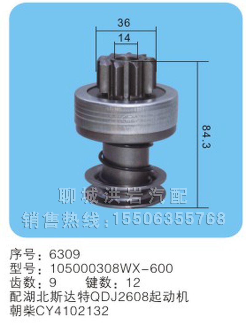 105000308WX-600序號(hào)6309,馬達(dá)齒輪,聊城市洪巖汽車電器有限公司